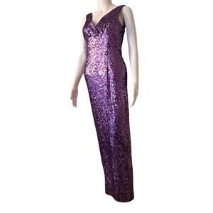 Vtg Y2K Papell Boutique Evening Purple Sequin Column Babydoll Waist Gown Sz 4
